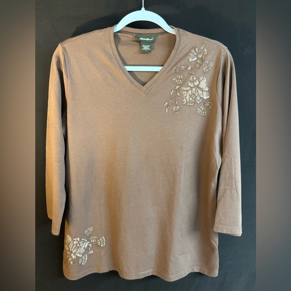 Eddie Bauer Brown V Neck Brown Floral 3/4 Long Sleeve Tee Women’s Large